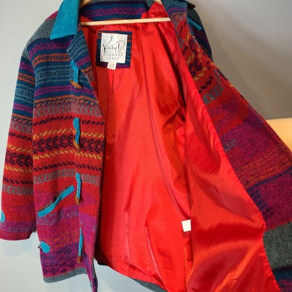 Vintage 90s Kathryn Deene Aztec Blanket Coat Wool Leather Size 14/16 Western - Picture 7 of 13